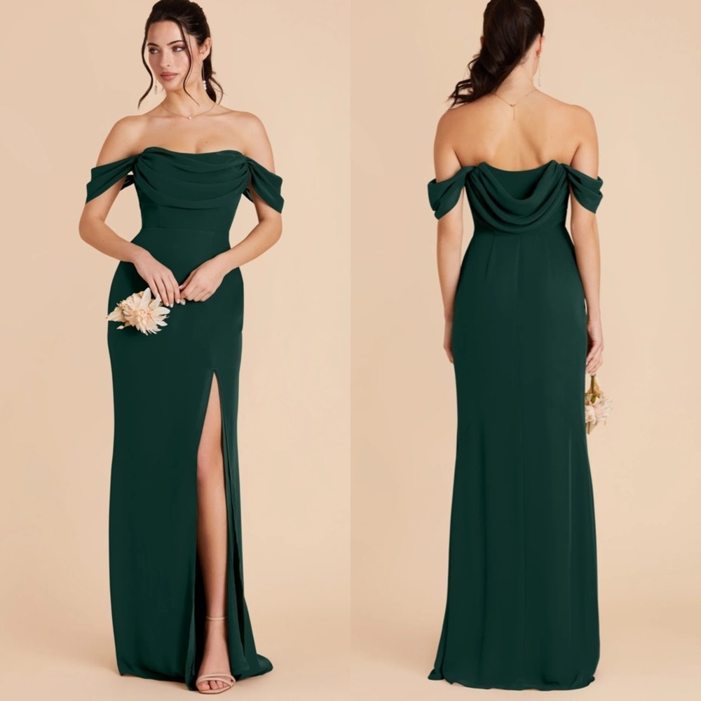 NWT Birdy Grey Mira Dress Chiffon Emerald Off Shoulder Maxi Dress Front Slit